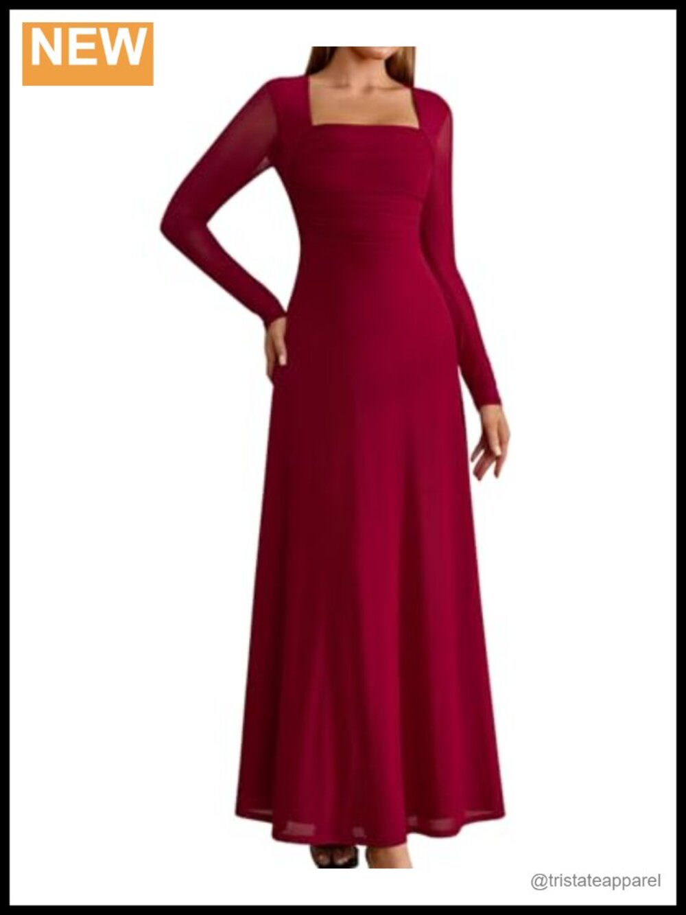 Long Sleeve Mesh Maxi Dress Square Neck Bodycon Formal Wedding Guest